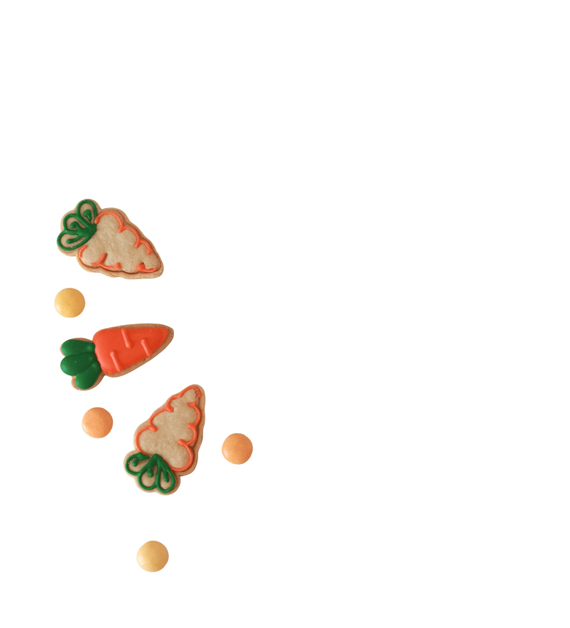 Carrot-shaped cookies and round candies