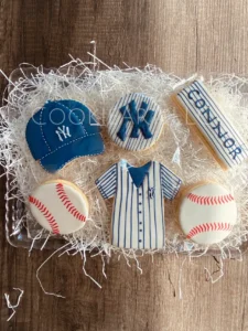 Decorative baseball cookies with blue accents