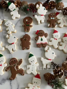 Holiday-themed cookies on marble background