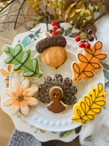 Autumn leaf and acorn cookies display