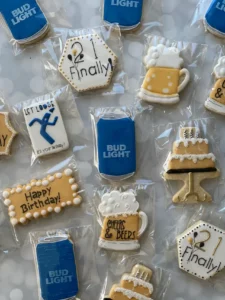 Celebration cookies featuring beer and birthday themes