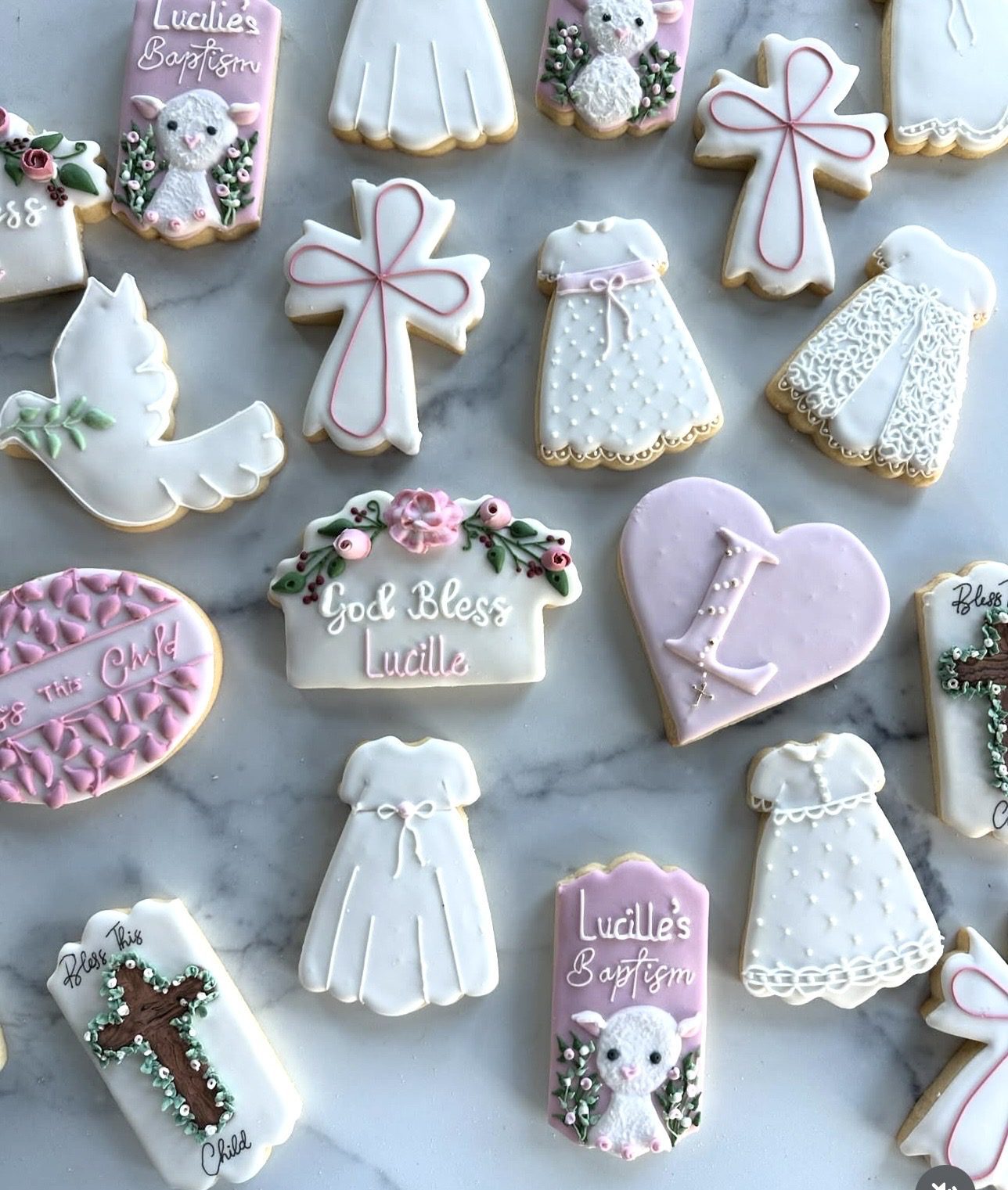 Pastel baptism-themed decorated sugar cookies