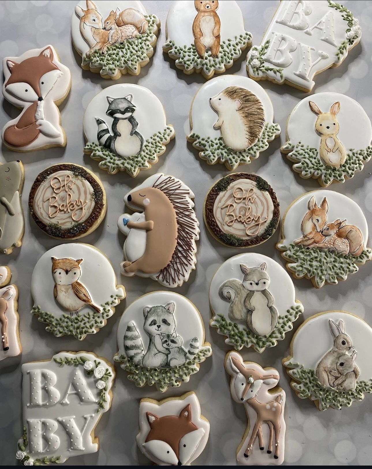Woodland animal baby shower decorated cookies